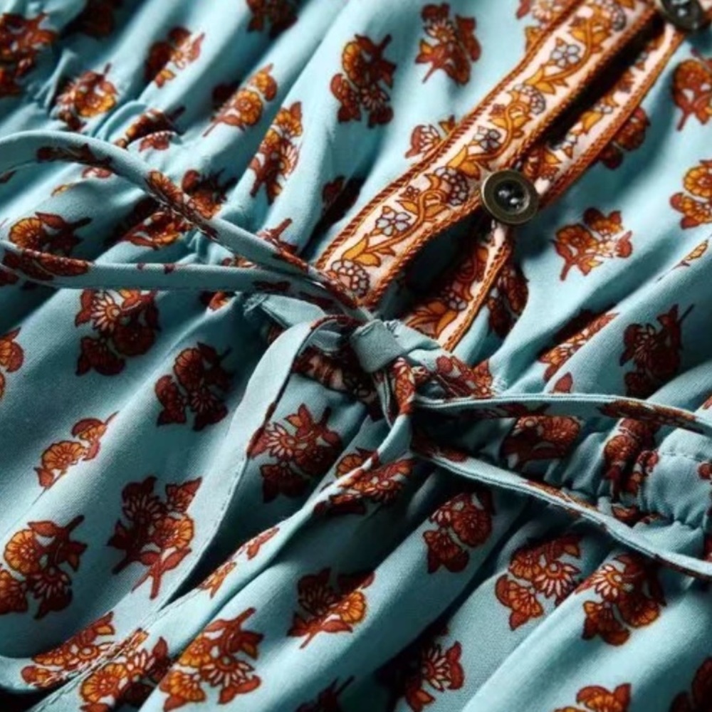 Boho Floral Gypsy Print Dress Blue Teal Orange - Picture 9 of 12